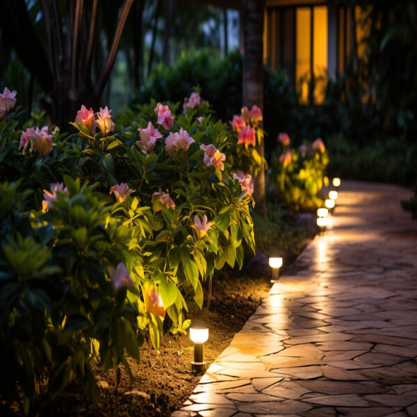 A path being lit up by small lights on the ground.