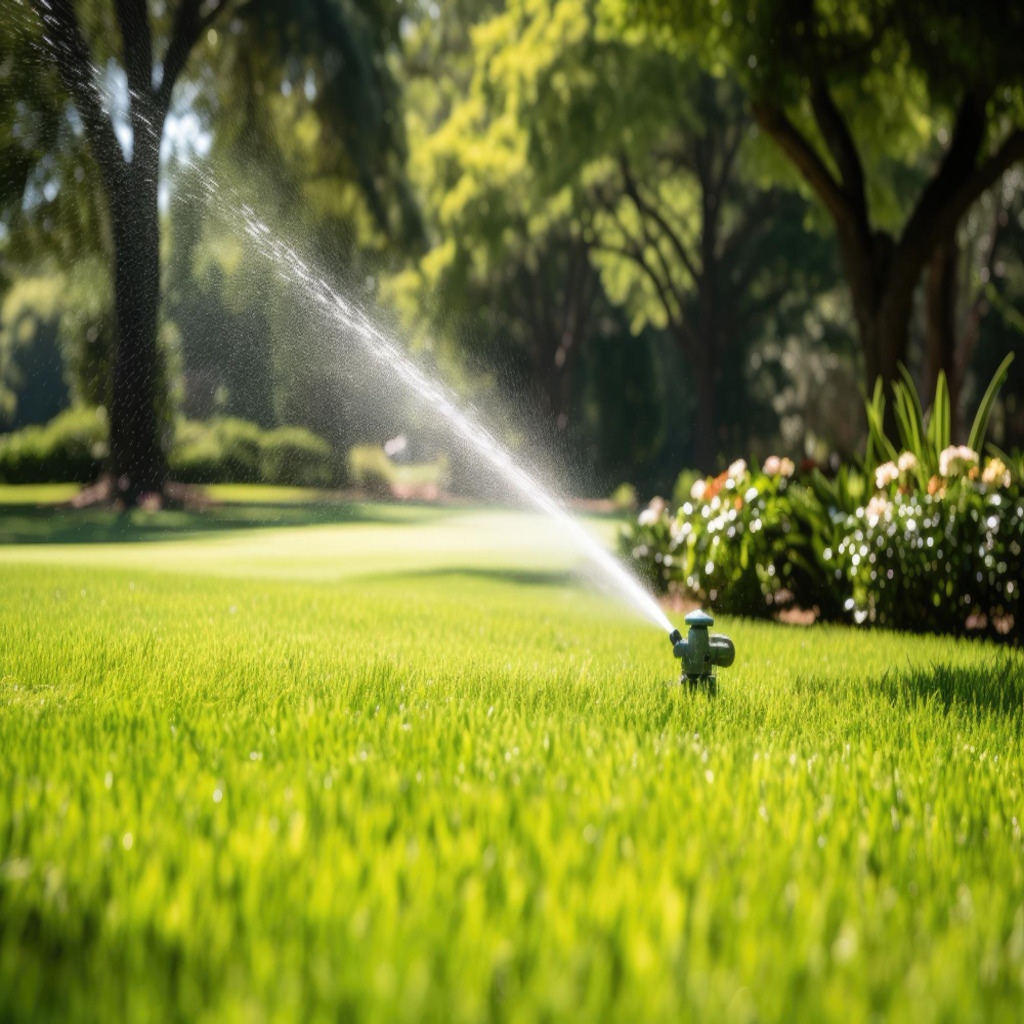 A back yard being watered by a sprinkler.